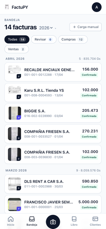 FactuPY en móvil — bandeja de facturas