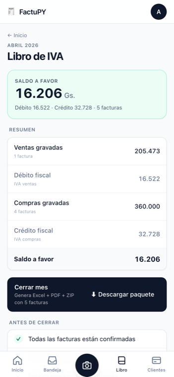 FactuPY en móvil — libro del mes