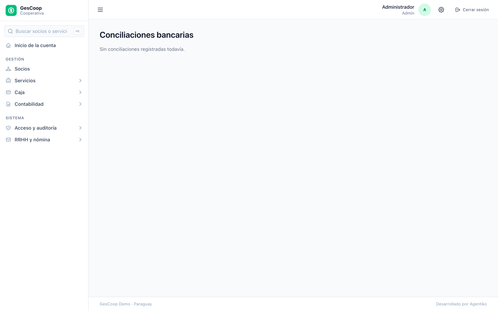 Pantalla de conciliación bancaria