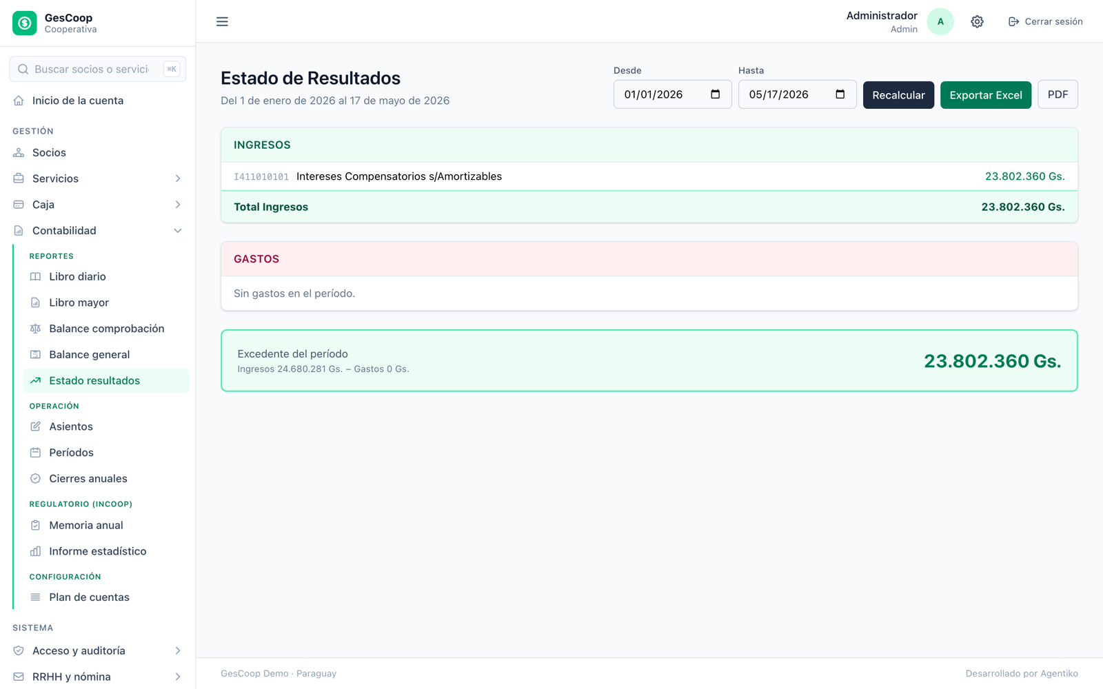 Estado de resultados generado por el sistema