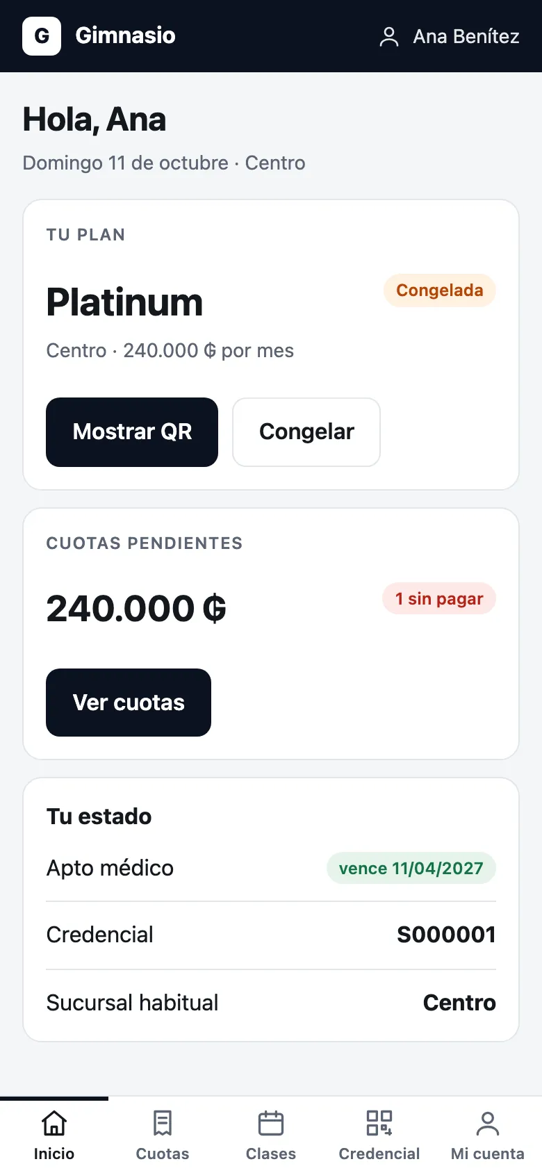 Portal del socio con sus cuotas pendientes