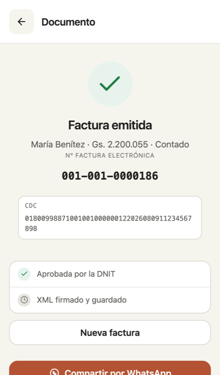 KuatiaPY en el celular — factura emitida y aprobada por la DNIT, con su número, su CDC y el botón de compartir por WhatsApp
